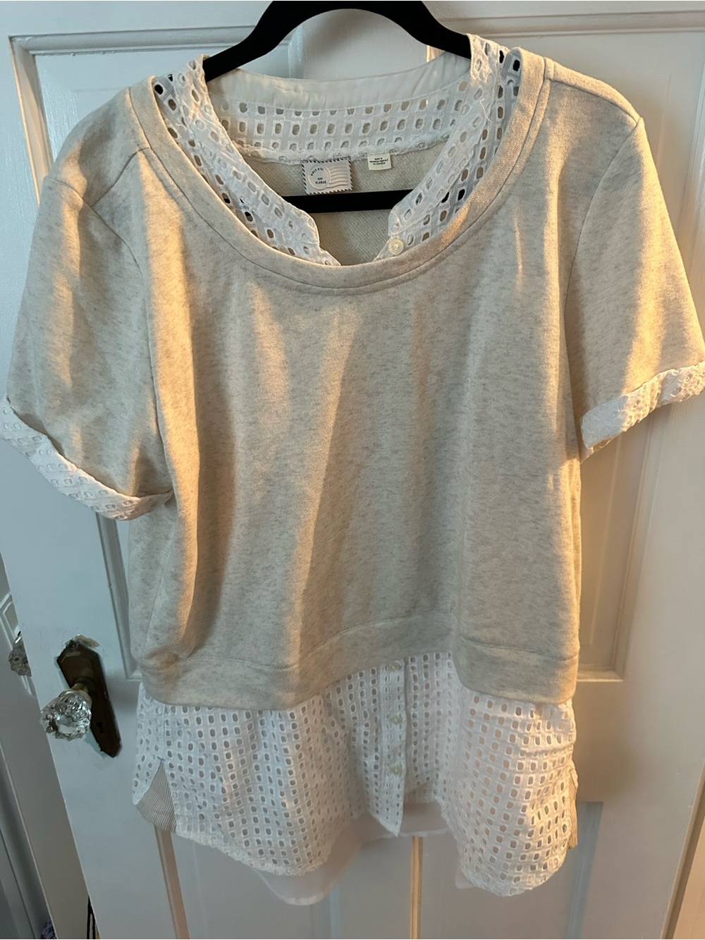 Anthropologie Cream Layered Eyelet Hem Short Sleeve Top